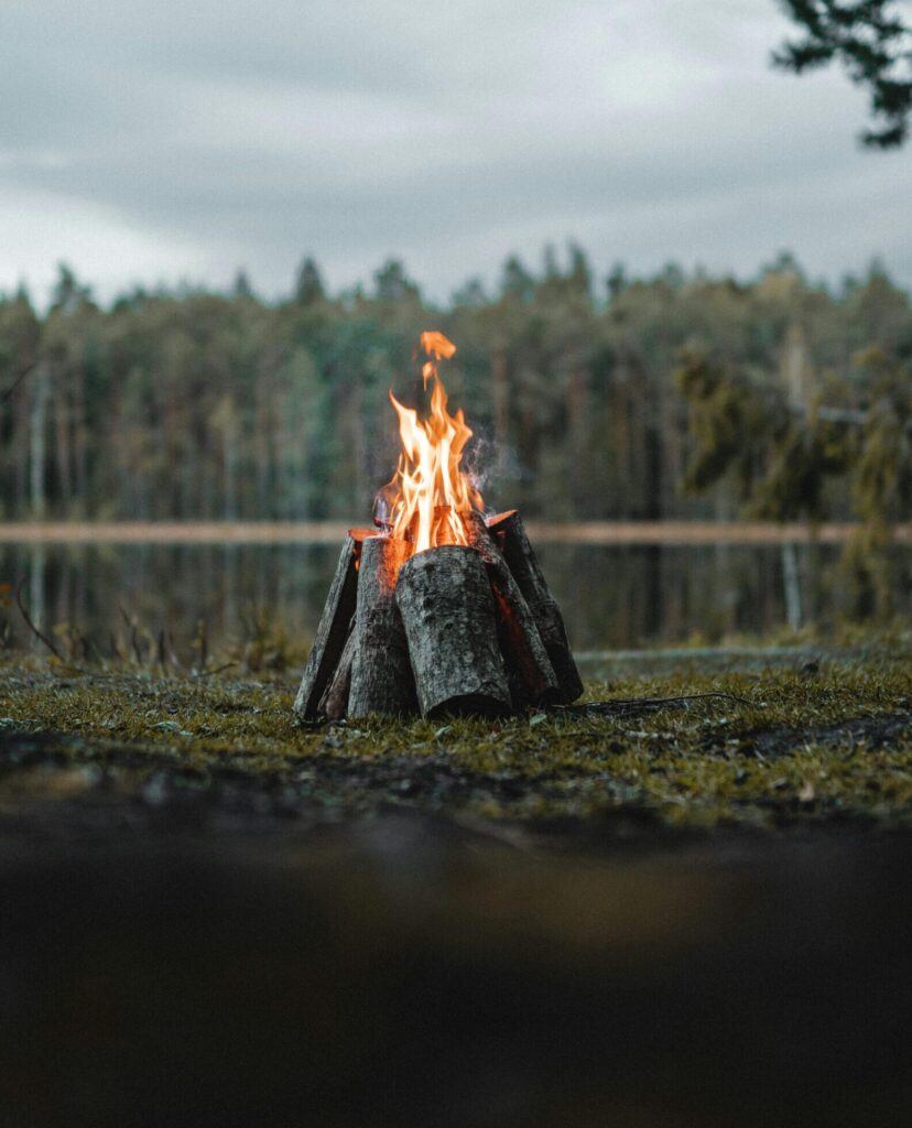 A tranquil campfire in a forest setting beside a calm lake under cloudy skies.